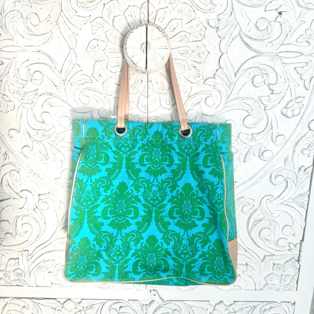 Luxurious Green and Blue Kate Landry Tote with beautiful tan leather like detail